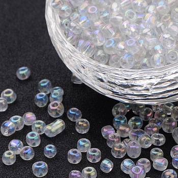 6/0 Glass Seed Beads, Trans.Colours Rainbow, Clear, about 4mm in diameter, hole: 1mm, about 4500pcs/pound