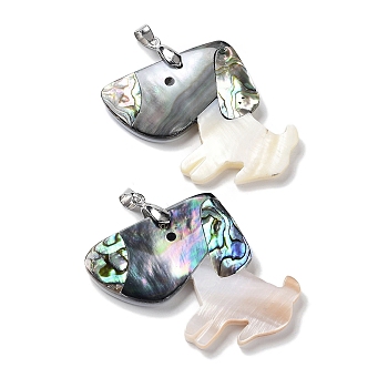 Natural Paua Shell & Black Lip Shell & White Shell Pendants, Dog Charms with Stainless Steel Color Tone Stainless Steel Snap on Bails, 49x37x4~5mm, Hole: 6.3X4.5mm
