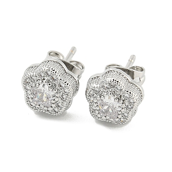 Brass Micro Pave Cubic Zirconia Ear Studs, Flower, Platinum, 9mm