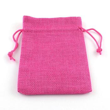 Polyester Imitation Burlap Packing Pouches Drawstring Bags, for Christmas, Wedding Party and DIY Craft Packing, Deep Pink, 9x7cm