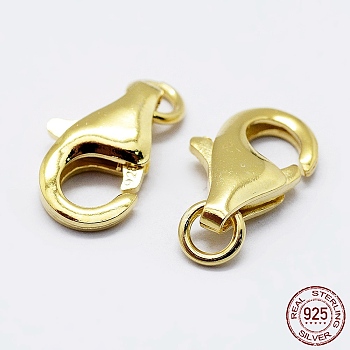 925 Sterling Silver Lobster Claw Clasps, with 925 Stamp, Golden, 9.5mm, Hole: 1mm