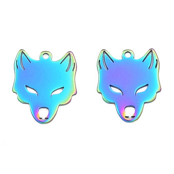 Ion Plating(IP) 201 Stainless Steel Charms, Halloween Style, Fox, Rainbow Color, 15x12.5x1mm, Hole: 1.2mm