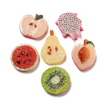 Imitation Fruit Resin Decoden Cabochons, Kiwi Fruit & Peach & Dragon Fruit, Mixed Shapes, Mixed Color, 26~34x23~27x6.5~11mm