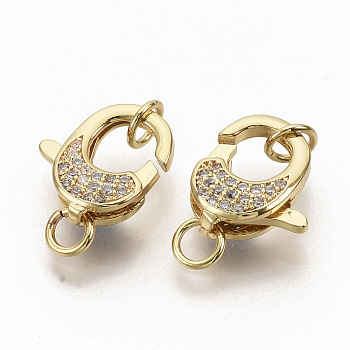 Brass Micro Pave Clear Cubic Zirconia Lobster Claw Clasps, with Jump Rings, Real 16K Gold Plated, 14x12x5mm, Hole: 3mm