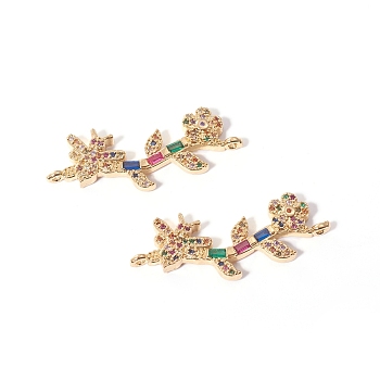 Brass Micro Pave Cubic Zirconia Links connectors, Butterfly and Flower, Colorful, Golden, 13x34x3mm, Hole: 1.2mm