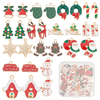56Pcs 14 Style Alloy Enamel Pendants, for Christmas, Light Gold, Snowflake & Snowman & Candy Cane & Wreath & Bell, Mixed Color, 14.5~26x9~21x1.5~6mm, Hole: 1.2~2mm, 4pcs/style
