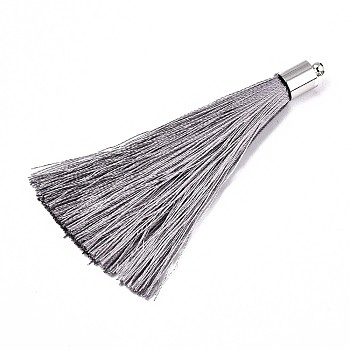 Fiber Tassel Big Pendant Decorations, with Platinum Plated Brass Finding, Gray, 70~73x7~25mm, Hole: 1.8mm