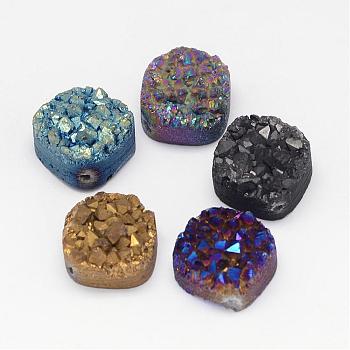 Electroplated Natural Druzy Quartz Crystal Beads, Square, Mixed Color, 14x14x8~10mm, Hole: 1.5mm