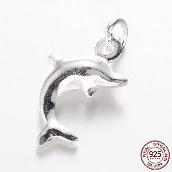 925 Sterling Silver Dolphin Charms, Silver, 13x8x3mm, Hole: 2mm