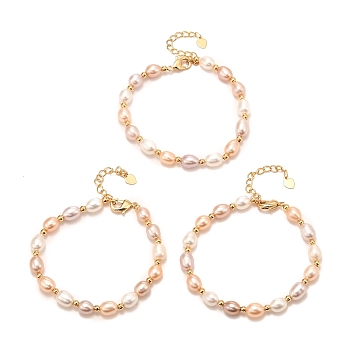 Natural Pearl Beaded Bracelets, Real 18K Gold Plated, with Brass Round Beads, Long-Lasting Plated, Mixed Color, 6-3/4x1/4 inch(17x0.6cm)