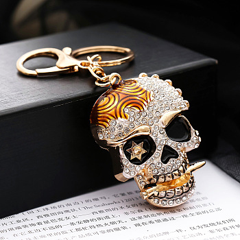 Alloy Rhinestone Pendant Keychain, with Alloy Key Rings and Lobster Claw Clasps, Long-Lasting Plated, Skull, Goldenrod, Pendant: 6x4.5cm