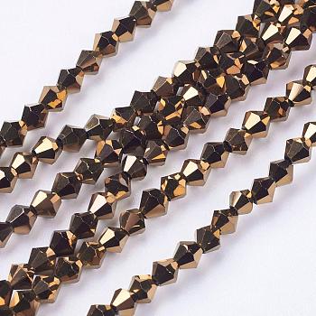 1 Strand Faceted Bicone Full Copper Plated Glass Beads Strands, 3x3mm, Hole: 1mm, about 128~135pcs/strand, 12.2 inch