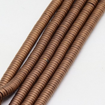 Electroplate Non-magnetic Synthetic Hematite Beads Strands, Frosted, Heishi Beads, Flat Round/Disc, Grade A, Copper Plated, 3x1mm, Hole: 1mm, about 400pcs/strand, 16 inch