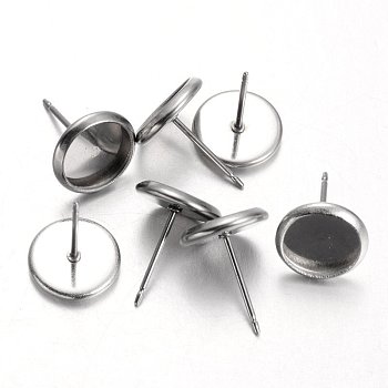 Flat Round 304 Stainless Steel Stud Earring Settings, Stainless Steel Color, Tray: 8mm, 10mm, Pin: 0.7mm