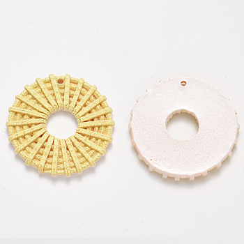 Resin Pendants, Imitation Woven Rattan Pattern, Flat Round, Yellow, 44x6mm, Hole: 2mm