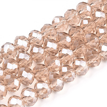 Electroplate Glass Beads Strands, Pearl Luster Plated, Faceted, Rondelle, PeachPuff, 6x5mm, Hole: 1mm, about 83~85pcs/strand, 38~39cm