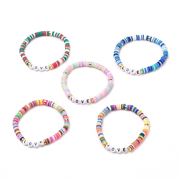Polymer Clay Heishi Beads Stretch Bracelets, for Valentine's Day, with Acrylic Letter Beads and Brass Spacer Beads, Word Love, Mixed Color, Inner Diameter: 2-1/4 inch(5.7cm)