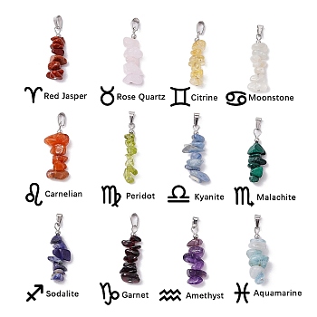 12Pcs 12 Style 12 Constellation Mixed Gemstone Pendants, Chip Charms with 304 Stainless Steel Snap on Bails, Stainless Steel Color, 28~30x6~12x5~8mm, Hole: 6x3mm, 1pc/style