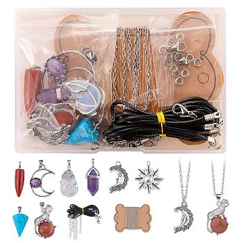 DIY Gemstone Necklace Making Kit, Including Natural & Synthetic Mixed Stone Pendants with Alloy Findings, Bullet & Cone & Moon & Star, Iron Cable Chains, Imitation Leather Cord
