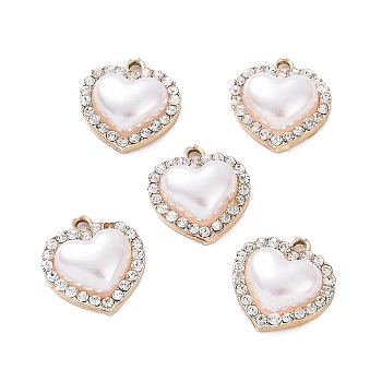 Alloy Rhinestone Pendants, with ABS Plastic Imitation Pearl Beads, Heart Charm, Light Gold, 17x15.5x5mm, Hole: 1.8mm
