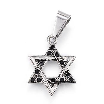 304 Stainless Steel Pendants, with Rhinestone, for Jewish, Hexagram/Star of David, Antique Silver, 22x16.5x3mm, Hole: 9x5mm