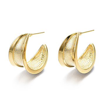 Semicircular Brass Half Hoop Earrings, Nickel Free, Real 18K Gold Plated, 22x12mm, Pin: 0.7mm