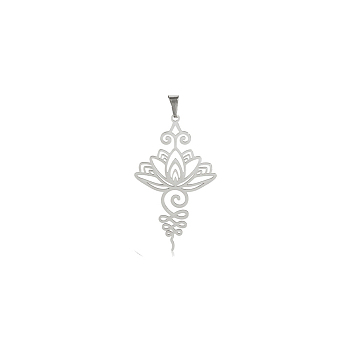 Stainless Steel Pendants, Laser Cut, Lotus Charm, Stainless Steel Color, 45.7x27mm