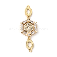 Rack Plating Brass Pave Clear Cubic Zirconia Connector Charms, Hexagon Links, Lead Free & Cadmium Free, Long-Lasting Plated, Real 18K Gold Plated, 43.5x14.5x3.5mm, Hole: 1.2mm(KK-A190-08G)