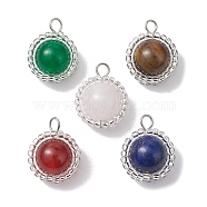 Mixed Gemstone Pendants, Round Charms with Glass Seed Bead Wrapped, Platinum, 18.5x14.5x10mm, Hole: 2.8mm(PALLOY-MZ00181-02)