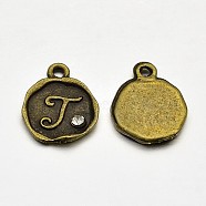 Antique Bronze Plated Alloy Rhinestone Charms, Flat Round with Letter.J, Nickel Free, 13x10x1.5mm, Hole: 1mm(ALRI-J152-J-NF)