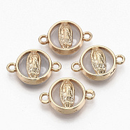 Glass Links connectors, with Light Gold Plated Alloy Findings, Flat Round with Virgin Mary, Clear, 13.5x19.5x5.5mm, Hole: 1.6mm(X-GLAA-T015-11H)