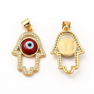 Rack Plating Brass Micro Pave Clear Cubic Zirconia Pendants, with Handmade Evil Eye Lampwork, Cadmium Free & Lead Free, Long-Lasting Real 18K Gold Plated, Hamsa Hand Charm, FireBrick, 25.5x17x4mm, Hole: 5.5x3.5mm(LAMP-A153-06G-03)