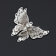 Brass Pendants, with Rhinestone, Butterfly, Platinum, 25x35mm(BUER-PW0001-056A)