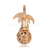 Golden Plated Brass Hollow Round Cage Pendants, with No Hole Spray Painted Brass Round Beads, Angel, Silver, 44x29x20mm, Hole: 3x8mm(KK-J249-05G)