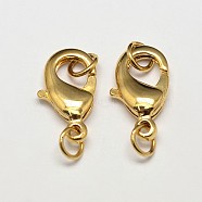 Rack Plating and Vacuum Plating Brass Lobster Claw Clasps for Jewelry Necklace Bracelet Making, with Two Jump Rings, Cadmium Free & Lead Free, Golden, 12x7x3mm, Hole: 3mm(KK-I599-12mm-G-RS)