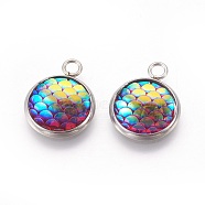 Resin Pendants, with 304 Stainless Steel Finding, Flat Round with Mermaid Fish Scale Shaped, Stainless Steel Color, Deep Pink, 18x14x3.5mm, Hole: 2mm(RESI-L024-03)