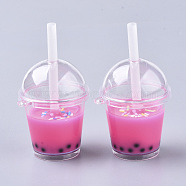 Openable Acrylic Bottle Big Pendants, with Resin, Polymer Clay Inside and Plastic Straw, Bubble Tea/Boba Milk Tea, Deep Pink, 64~74x43x37.5mm, Hole: 2.5mm(CRES-T018-001E)