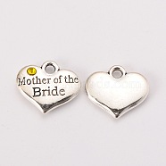 Wedding Theme Antique Silver Tone Tibetan Style Alloy Heart with Mother of the Bride Rhinestone Charms, Cadmium Free & Lead Free, Citrine, 14x16x3mm, Hole: 2mm(TIBEP-N005-18E)