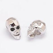 Brass Micro Pave Cubic Zirconia Beads, Skull, Lead Free & Nickel Free & Cadmium Free, Real Platinum Plated, 13x8x9.5mm, Hole: 2mm(ZIRC-P017-11P-NR)