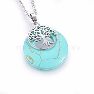 Synthetic Turquoise Pendant Necklaces, with 304 Stainless Steel Findings, Flat Round with Tree, Dyed, 19.68 inch(50cm), Pendant: 40x28x6mm(NJEW-P228-A05)