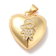 Rack Plating Brass Micro Pave Clear Cubic Zirconia Locket Pendants, Cadmium Free & Lead Free, Long-Lasting Plated, Heart with Girl Pattern, Real 18K Gold Plated, 20x18.5x7.5mm, Hole: 4x3.5mm, Inner Diameter: 14x14.5mm(KK-M227-05G)