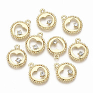 Alloy Pendants, with Rhinestone, Cadmium Free & Nickel Free & Lead Free, Flat Round with Hollow Heart, Crystal, Light Gold, 16x13x2.5mm, Hole: 1.4mm(X-PALLOY-T075-25LG-NR)