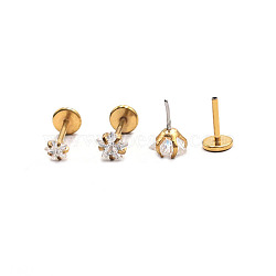 Stainless Steel Clear Cubic Zirconia Threadless Labret Stud, Tragus Stud, Flat Back Earring, Golden, 6mm, Pin: 0.8mm, Head: 4mm(WG18B1C-17)