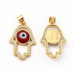 Rack Plating Brass Micro Pave Clear Cubic Zirconia Pendants, with Handmade Evil Eye Lampwork, Cadmium Free & Lead Free, Long-Lasting Real 18K Gold Plated, Hamsa Hand Charm, FireBrick, 25.5x17x4mm, Hole: 5.5x3.5mm(LAMP-A153-06G-03)