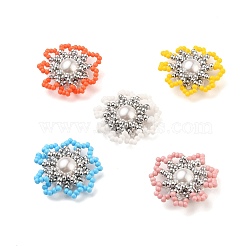 Handmade Glass Seed Beads Woven Beads, with Plastic Imitation Pearl Beads, Flower, Mixed Color, 22~26x8mm(PALLOY-JF00501)