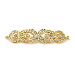 Rack Plating Brass Micro Pave Clear Cubic Zirconia Connector Charms, Leaf Links, Long-Lasting Plated, Lead Free & Cadmium Free, Real 18K Gold Plated, 42x9.5x2mm, Hole: 1.2mm(KK-K377-80G)