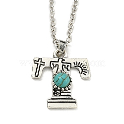 Letter A~Z Antique Silver Plated Alloy with Synthetic Turquoise Pendant Necklace, with Iron Cable Chains, Letter T, 18.70 inch(475mm), Letter T: 25.5x23mm(NJEW-G080-01T)