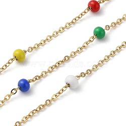 Vacuum Plating 304 Stainless Steel Cable Chains with Colorful Enamel Rondelle Beaded, Satellite Chains, Soldered, with Spool, Golden, 2x1.5x0.3mm, 4x3mm(CHS-G030-01G)