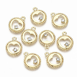 Alloy Pendants, with Rhinestone, Cadmium Free & Nickel Free & Lead Free, Flat Round with Hollow Heart, Crystal, Light Gold, 16x13x2.5mm, Hole: 1.4mm(X-PALLOY-T075-25LG-NR)