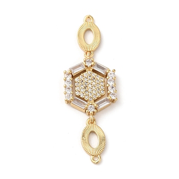 Rack Plating Brass Pave Clear Cubic Zirconia Connector Charms, Hexagon Links, Lead Free & Cadmium Free, Long-Lasting Plated, Real 18K Gold Plated, 43.5x14.5x3.5mm, Hole: 1.2mm